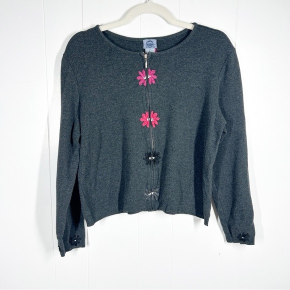 Cambridge Dry Goods Gray Floral Embroidered Zip Front Sweater Large - Picture 1 of 6
